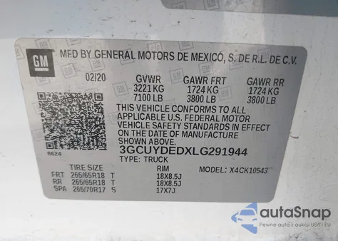 2020 Chevrolet Silverado 1500 4Wd Short Bed Lt из США, поврежденный, VIN 3GCUYDEDXLG291944